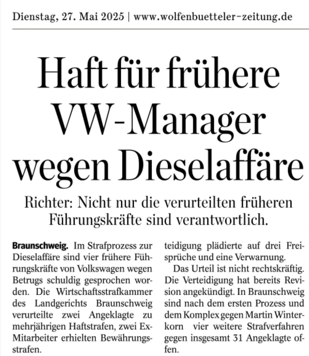Das heutige Urteil des Landgerichts Braunschweig zeigt, wie wichtig eine konsequente Aufarbeitung der Diesel-Affäre ist. Verantwortung muss dort übernommen werden, wo Fehler gemacht wurden – das gilt für Einzelpersonen ebenso wie für Strukturen.
#Volkswagen ist ein wichtiger