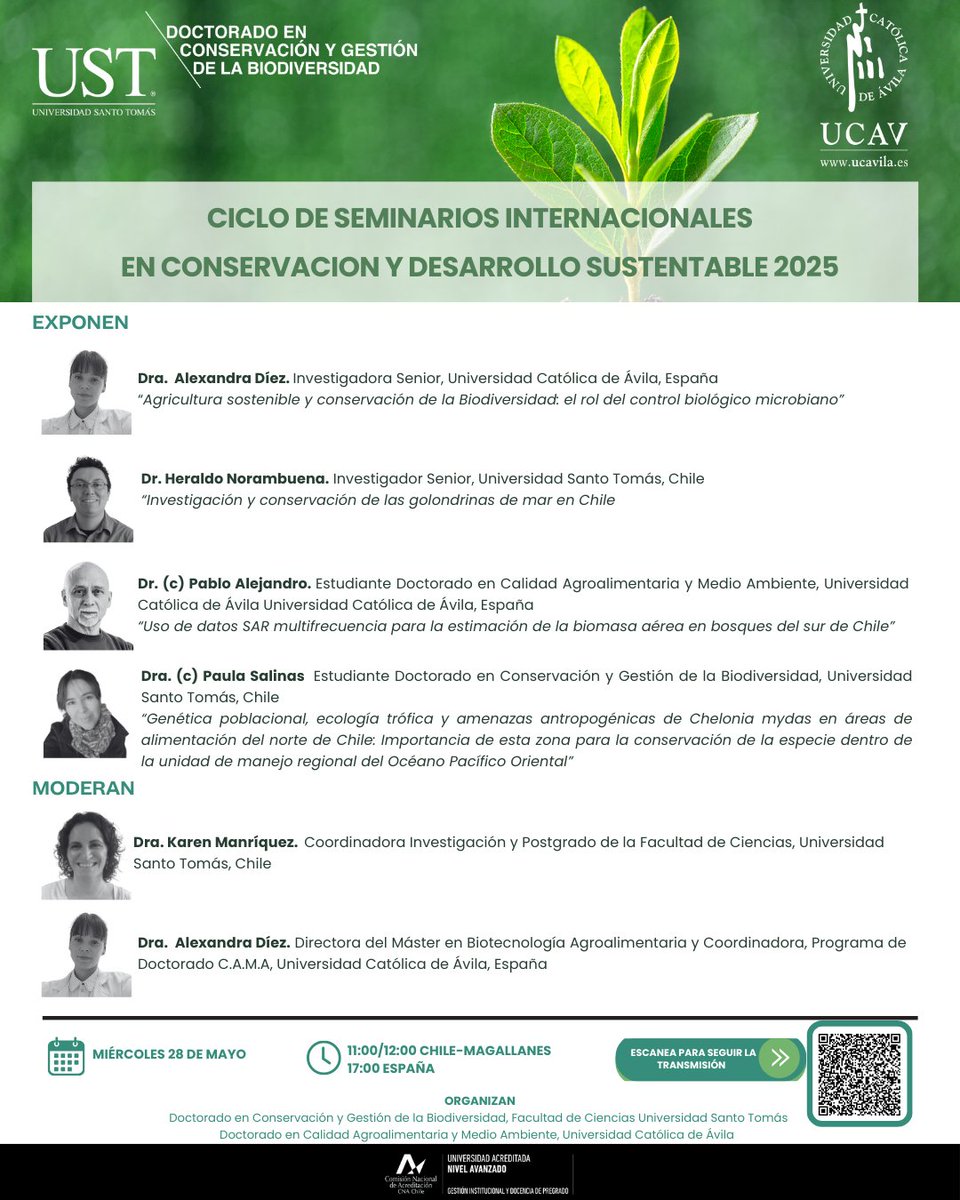 Este miércoles 28 estudiantes y académicos/as del Doctorado en Conservación y Gestión de la Biodiversidad (UST-Chile) y del Doctorado en Calidad Agroalimentaria y Medio Ambiente (UCAV-España), presentan resultados de sus investigaciones.