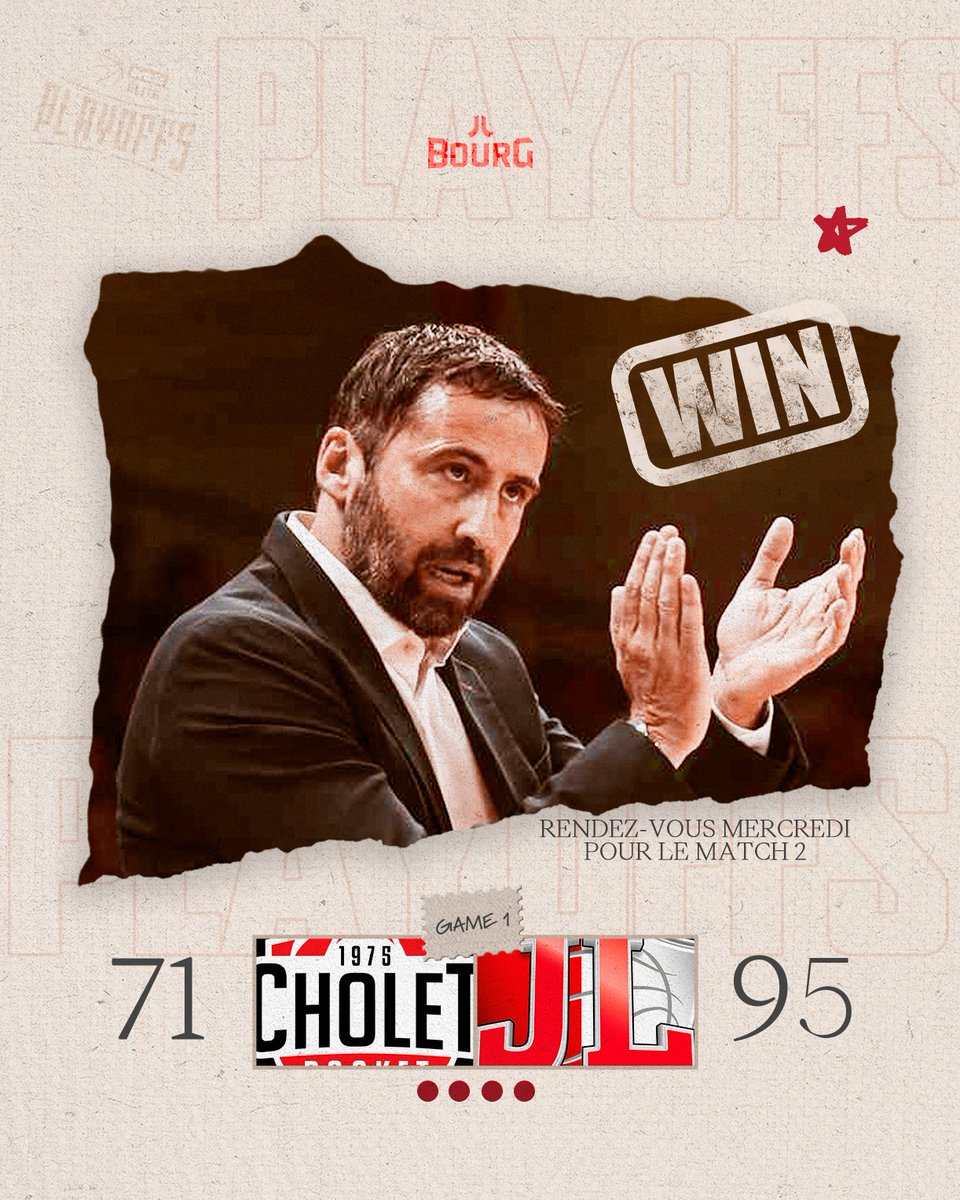 JLBourgBasket's tweet photo. VICTOIRE 🔥

@CB_officiel - 71 🆚 95 - JL Bourg

Le 1er match est remporté dans cette bataille. Le travail continuera ce mercredi 28 mai à 19h à la maison ! 👊

🎟️ https://t.co/nXOoG2cKNB

#WeRedy | #PlayoffsBetclicElite https://t.co/loMQ3CUmOZ