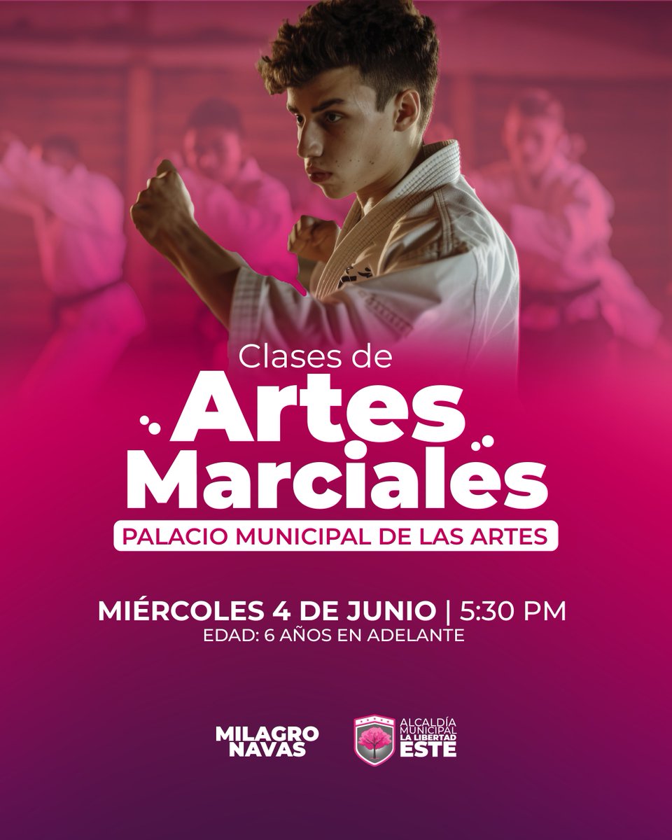 AlcaldiaAntiguo's tweet photo. ð¥ð¥ ¡Prepárate para la acción!
Ãnete a nuestras clases de artes marciales en el Palacio Municipal de las Artes. ðªðœ
ð
Inicio: 4 de junio
â° 5:30 p.m.
Desarrolla disciplina, fuerza y habilidades. ¡No te lo pierdas! ðð»
#ArtesMarciales #DisciplinaYFuerza #CreceConNosotros https://t.co/xVz1CtIW1v