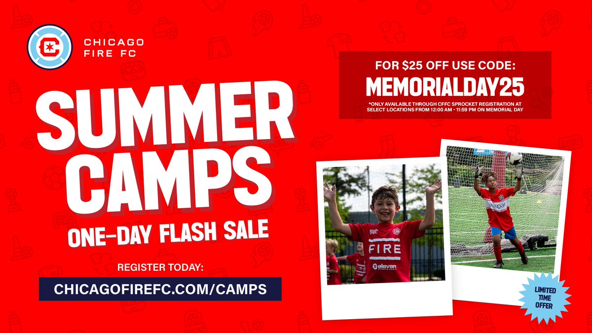 🚨$25 off <a href="/ChicagoFire/">Chicago Fire FC</a> summer camps, today only! 🚨

🔗: chicagofirefc.com/camps