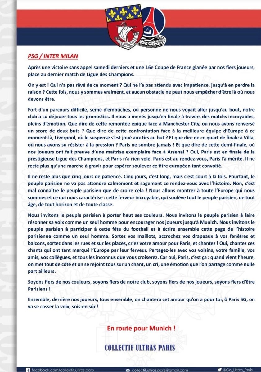 ActuFoot_'s tweet image. « 𝗡𝗢𝗨𝗦 𝗔𝗟𝗟𝗢𝗡𝗦 𝗠𝗢𝗡𝗧𝗥𝗘𝗥 𝗔̀ 𝗧𝗢𝗨𝗧𝗘 𝗟’𝗘𝗨𝗥𝗢𝗣𝗘 𝗤𝗨𝗜 𝗡𝗢𝗨𝗦 𝗦𝗢𝗠𝗠𝗘𝗦 » ❤️💙

Le communiqué du Collectif Ultras Paris à 5 jours de la finale de la Ligue des Champions ! ⏳

📸 @Co_Ultras_Paris