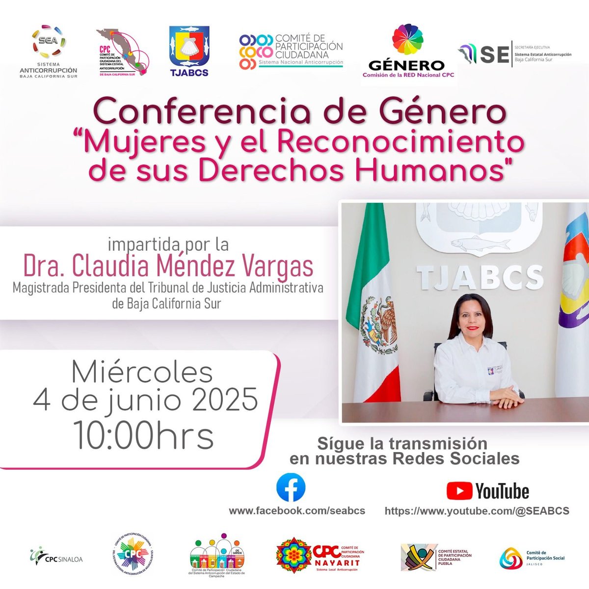 Conferencia de Género: "Mujeres y el Reconocimiento de sus Derechos Humanos" ¡Acompáñanos a una charla fundamental sobre equidad, justicia y derechos!
 📅Miércoles 4 de junio de 2025  
📷10:00 hrs  Impartida por la Dra. Claudia Méndez Vargas, Magistrada Presidenta del TJABCS