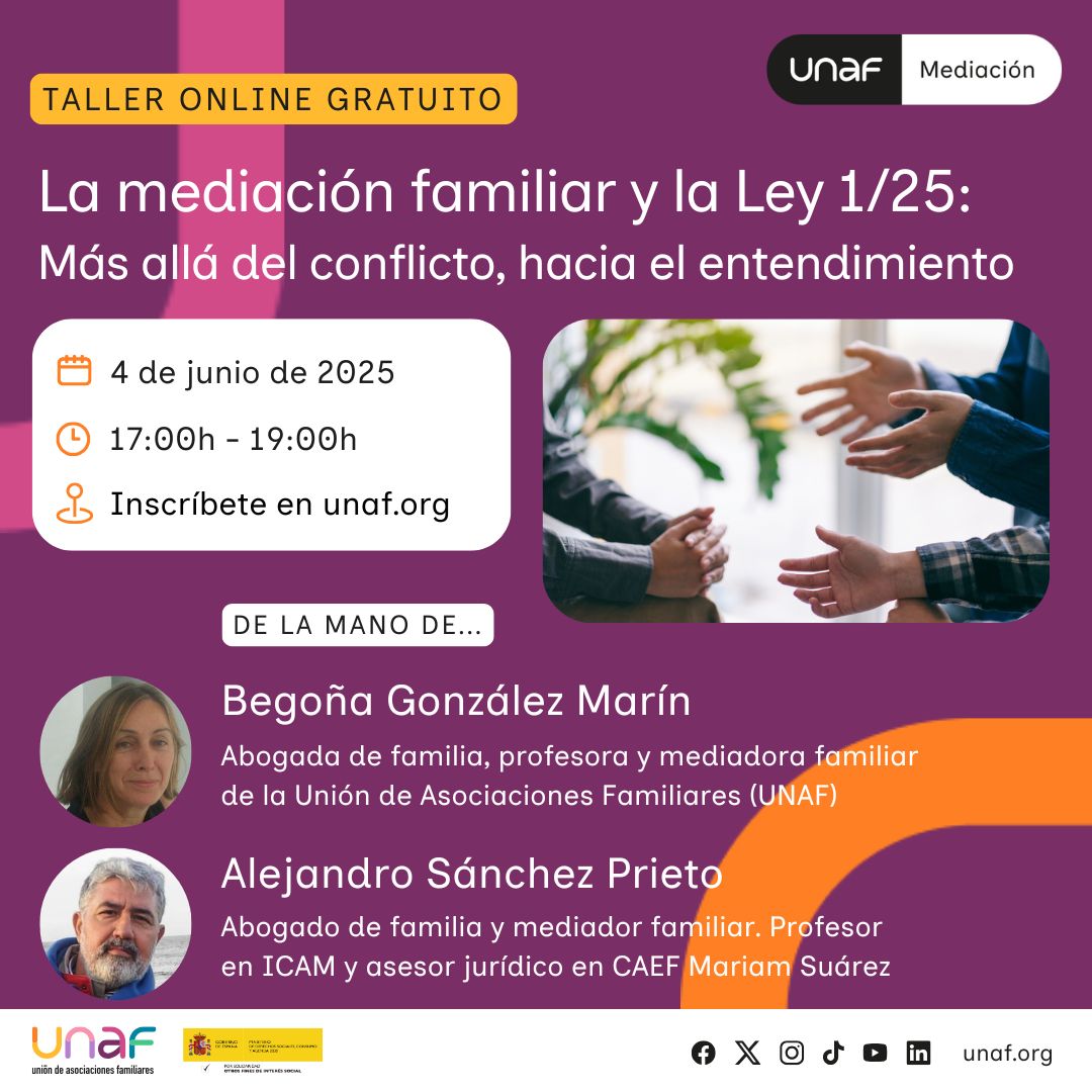 ¿Qué novedades trae la Ley de Eficiencia de la Justicia en relación con la mediación familiar?

👩‍💻 Begoña González, abogada y mediadora familiar UNAF, y Alejandro Sánchez, abogado y mediador familiar, nos lo cuentan en nuestro taller #4junio

✍️ Inscríbete unaf.org/eventos/la-med…