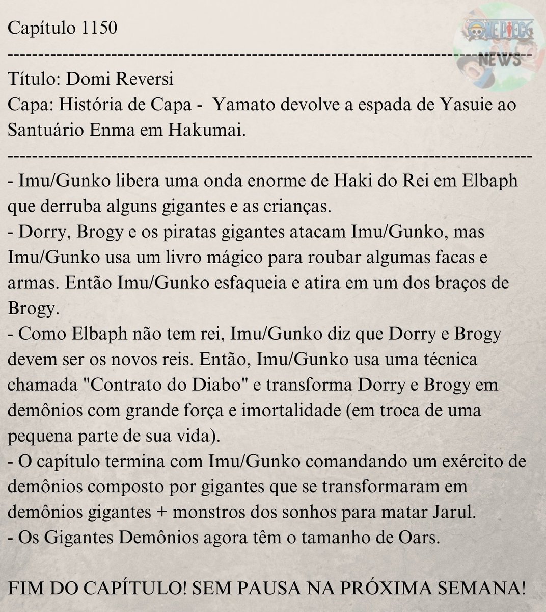 OnePieceNewsASL's tweet photo. #ONEPIECE1150 
🚨 Spoilers Iniciais do Capítulo 1150 de One Piece!

MEU DEUS DO CÉU! O QUE ESTÁ ACONTECENDO AQUI?

SIMPLESMENTE IMU-SAMA. https://t.co/IhvyBMhgzy