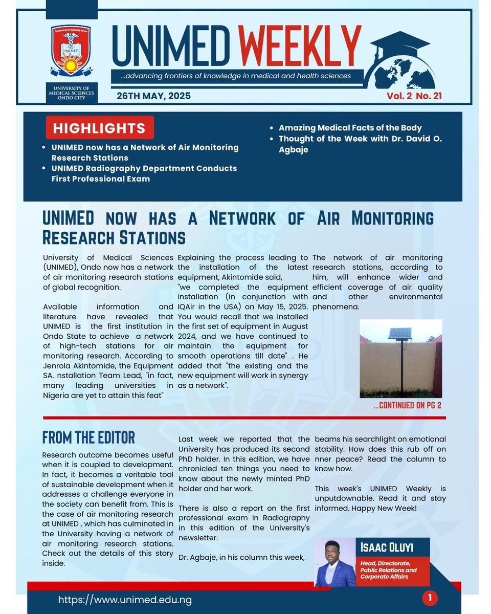 OfficialUNIMED's tweet image. 🚀 UNIMED Weekly Vol. 2 Issue 21 is here
🌍 UNIMED launches a Network of Air Monitoring Research Stations
📚 Radiography Department conducts its first professional exam
🔬 10 key facts about UNIMED’s second PhD graduate
💡 Thought of the Week
linkedin.com/posts/unimed-o…?