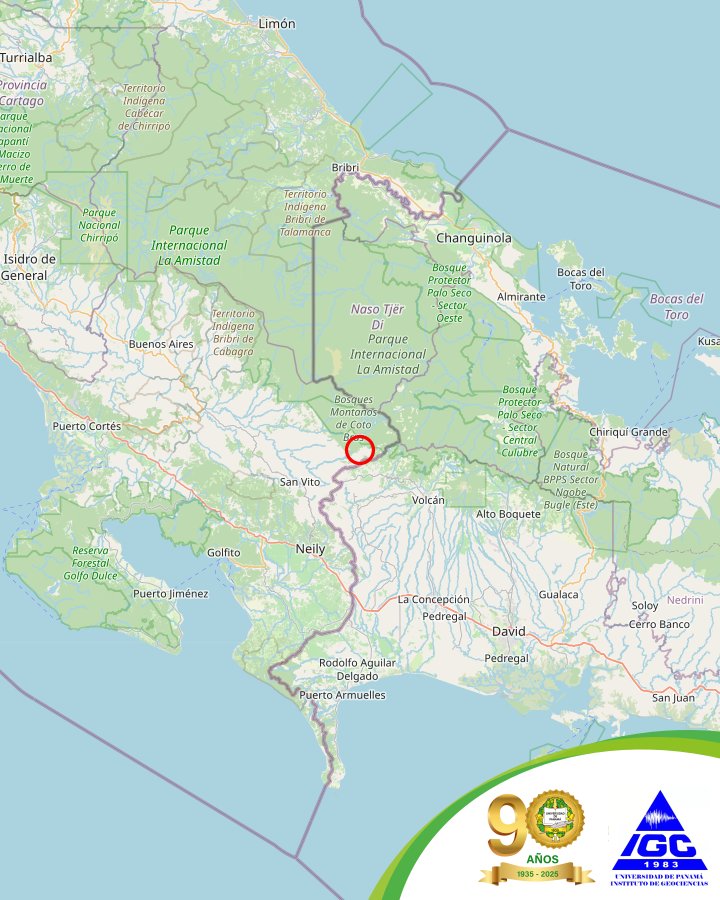 El Instituto de Geociencias de la Universidad de Panamá,
Reporta el siguiente evento:
Estado: REVISADO
Fecha: 2025-05-25
Hora: 6:03:08AM hora local
Magnitud: 3.8
Profundidad: 7km
Localizado en Región fronteriza de Panamá-Costa Rica a 10km al noreste de Río Sereno