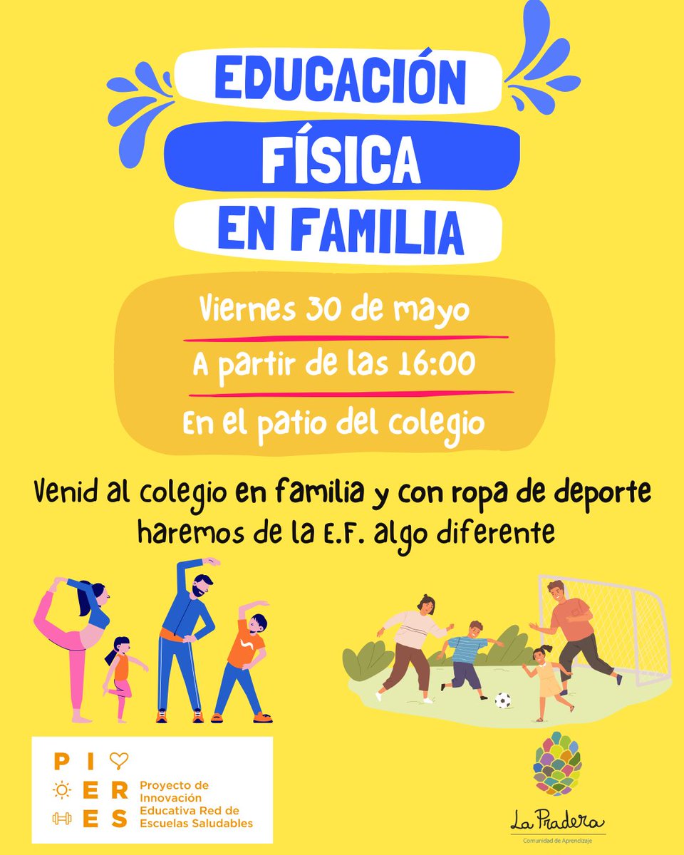 ¡Este viernes 30 de mayo os proponemos una sesión de Educación Física en Familia para cerrar el mes y las tardes en el cole!
Equipados con ropa deportiva y en familia, acercaos al cole a las 16 para desarrollar unas actividades, compartiéndolas entre todos.

¡¡Os esperamos!!