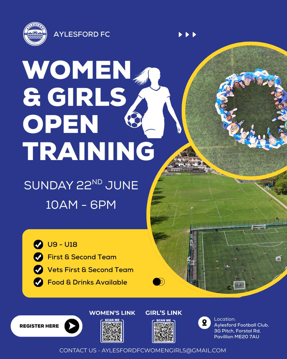 Aylesford FC (Ladies) (@aylesfordlfc) on Twitter photo JOIN US!
Open training day is coming β½οΈ
π΅ Firsts @LSEWomensFl
βͺοΈ Seconds <a href="/SECWFLnews/">SECWFL</a>
β½οΈ UEFA Qualified Coaches
π― Training Twice a Week
π 3G Facilities
Interested? Register π via the link or QR code docs.google.com/forms/d/1veyVYβ¦
#OneClub
#OneCommunity
#AylesfordFamily JOIN US!
Open training day is coming β½οΈ
π΅ Firsts @LSEWomensFl
βͺοΈ Seconds <a href="/SECWFLnews/">SECWFL</a>
β½οΈ UEFA Qualified Coaches
π― Training Twice a Week
π 3G Facilities
Interested? Register π via the link or QR code docs.google.com/forms/d/1veyVYβ¦
#OneClub
#OneCommunity
#AylesfordFamily