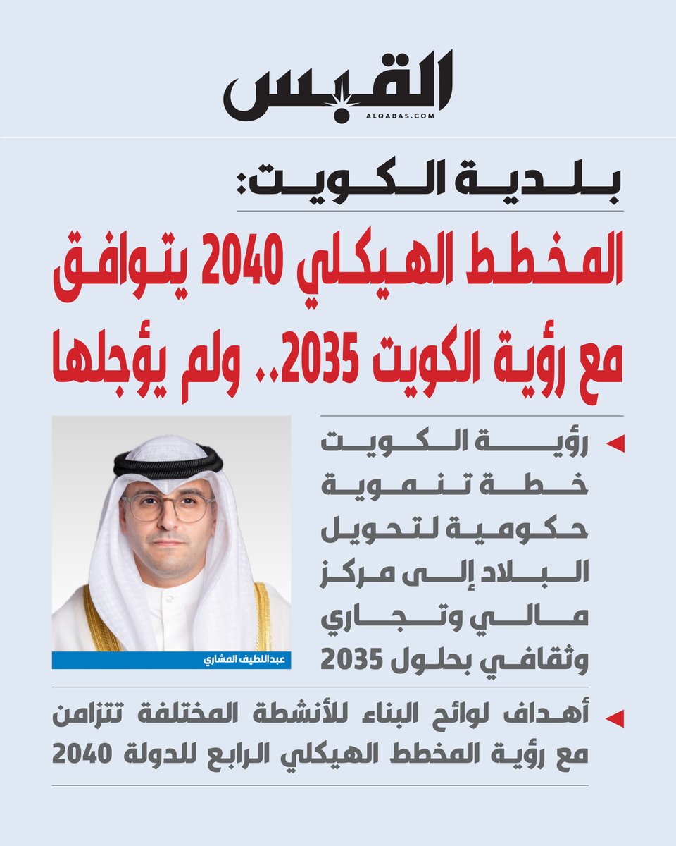 بلدية الكويت: المخطط الهيكلي 2040 يتوافق مع #رؤية_الكويت 2035.. ولم يؤجلها

• رؤية الكويت خطة تنموية حكومية لتحويل البلاد إلى مركز مالي وتجاري وثقافي بحلول 2035

• أهداف لوائح البناء للأنشطة المختلفة تتزامن مع رؤية المخطط الهيكلي الرابع للدولة 2040 

bit.ly/43gwn4y