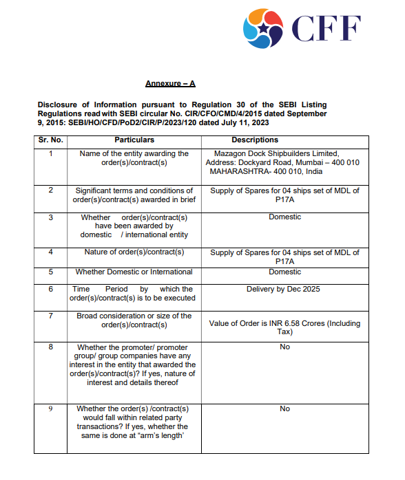 vluxeinvests's tweet image. 📢 CFF Fluid Control Wins ₹6.58 Cr Order from Mazagon Dock

👉🏻 Order for supply of spares for 4 ship sets of P17A
👉🏻 Awarded by Mazagon Dock Shipbuilders Ltd
👉🏻 Delivery deadline: Dec 2025
👉🏻 Order includes applicable taxes

#CFF #CFFFluidControl #OrderWin #Defense #Shipbuilding