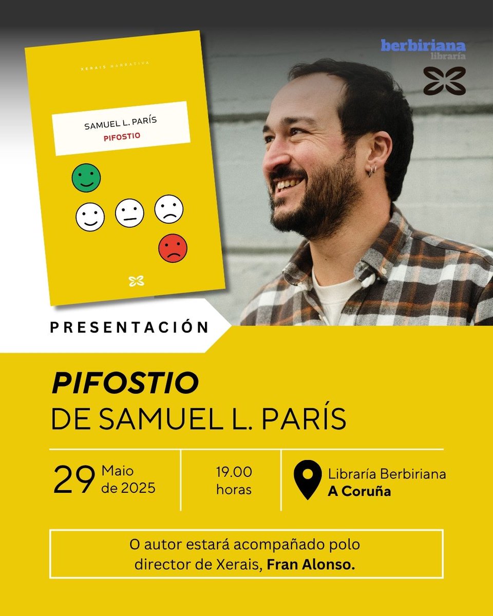 A Coruña: presentación de Pifostio, de Samuel L. París, o 29 de maio: axendacultural.aelg.gal/2025/05/27/a-c… <a href="/berbiriana/">Berbiriana</a> <a href="/Xerais/">Xerais</a> <a href="/franalonso/">Fran Alonso</a>