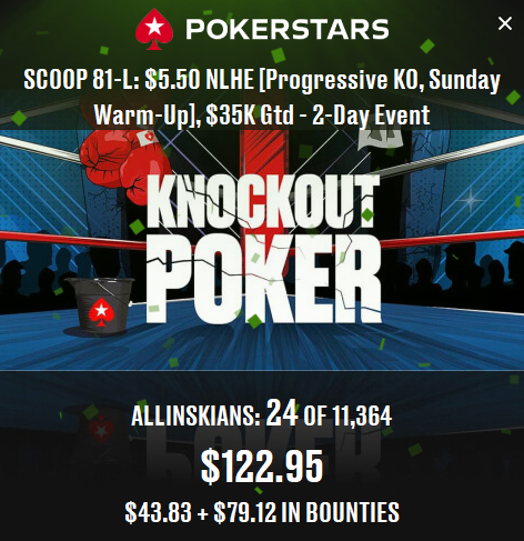 allinskians's tweet photo. In 3 consecutive hands, I Lost a flip to 99 was crippled to 1 BB, sextupled up, then tripled up back to 20 bigs, just to eventually lose another flip to 99
Was a Social Media Ticket #giveaway from @PokerStars 
Almost turned a free ticket into a #SCOOP badge. 
#pokerstars #deeprun https://t.co/8P0Lguy1Pl