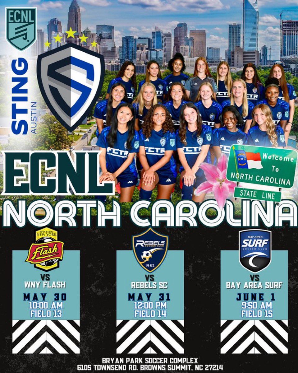 Heading to North Carolina this weekend for our last #ECNL showcase of this season!  Schedule is below ⬇️. @stingatx_2008 <a href="/ECNLgirls/">ECNL Girls</a> #ecnlnc