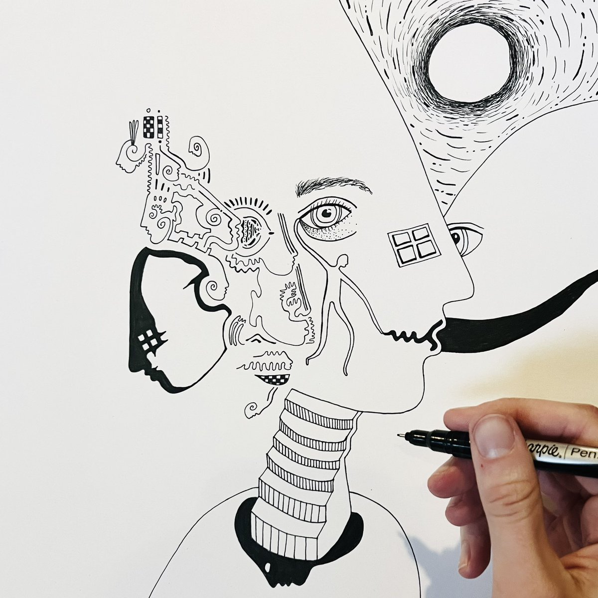 I just started this new piece, and felt reminded of the days when I would get lost in pen doodling for hours as a kid. What do you see emerging so far? Feel free to share your thoughts in the comments. 🤍