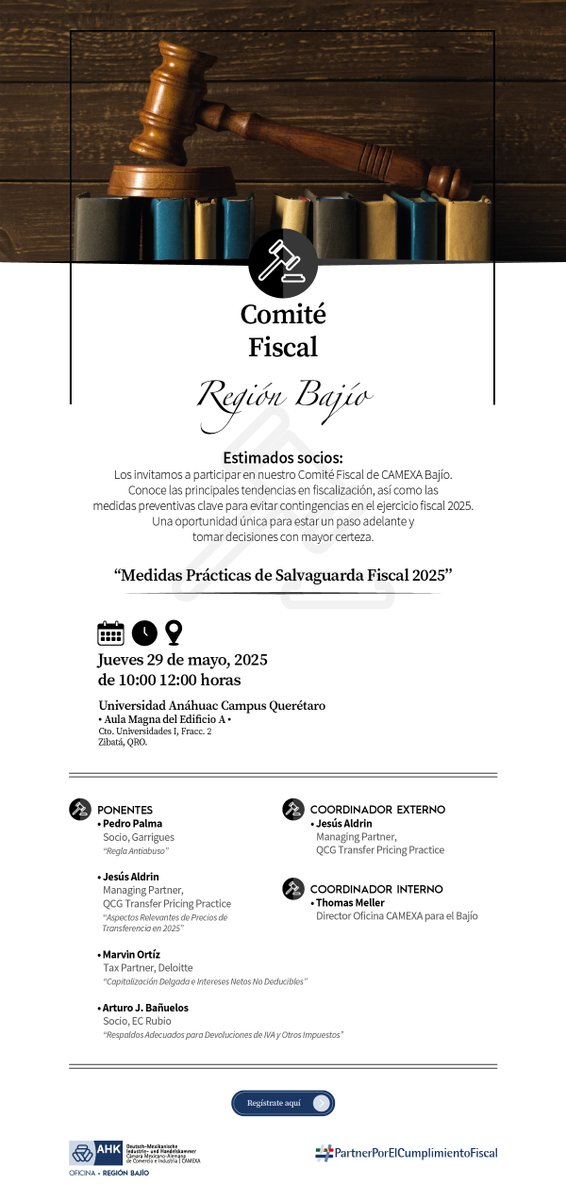 Participe en nuestro Comité Fiscal CAMEXA Bajío: “Medidas Prácticas de Salvaguarda Fiscal 2025”.

📅 29 de mayo
🕙 10:00–12:00 h
📍 Univ. Anáhuac Qro

👉 camexa-formularios.com/formulario/ins…

#PartnerEnMéxico