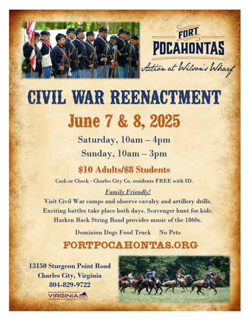 😎Come to the Fort!! Bring the Family!
❗️Action at Wilson’s Wharf - Civil War Reenactment ❗️
Sat, June 7 | 10 am - 4 pm
Sun,  June 8 | 10 am - 3 pm
Fort Pocahontas
👉Daily battles
👉Artillery, Torpedo, Medical Triage demos
Tickets are sold at the event:
williamsburgfamilies.com/fort-pocahonta…