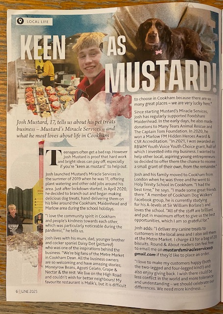 A big thank you to <a href="/StreamlionHelen/">StreamlionConsulting</a> for giving  Mustard's Miracle Services a shout out in the last edition of Round &amp; About magazine &amp; to Liz Nicholls for writing this. Amazing! ❤️ Josh is so grateful to everyone who has supported him over the last 5 years! Thanks so much! 🙏