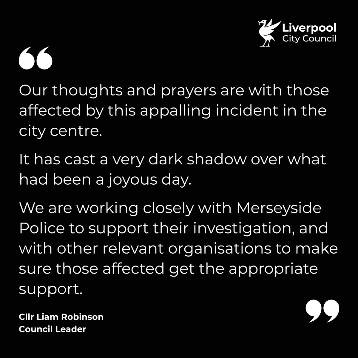 Liverpool City Council (@lpoolcouncil) on Twitter photo Council Leader, Cllr <a href="/liamrobinson24/">Liam Robinson</a> has released a statement following the dreadful incident on Water Street earlier today. Our thoughts are with all of those affected.
Read more: liverpoolexpress.co.uk/statement-from… Council Leader, Cllr <a href="/liamrobinson24/">Liam Robinson</a> has released a statement following the dreadful incident on Water Street earlier today. Our thoughts are with all of those affected.
Read more: liverpoolexpress.co.uk/statement-from…
