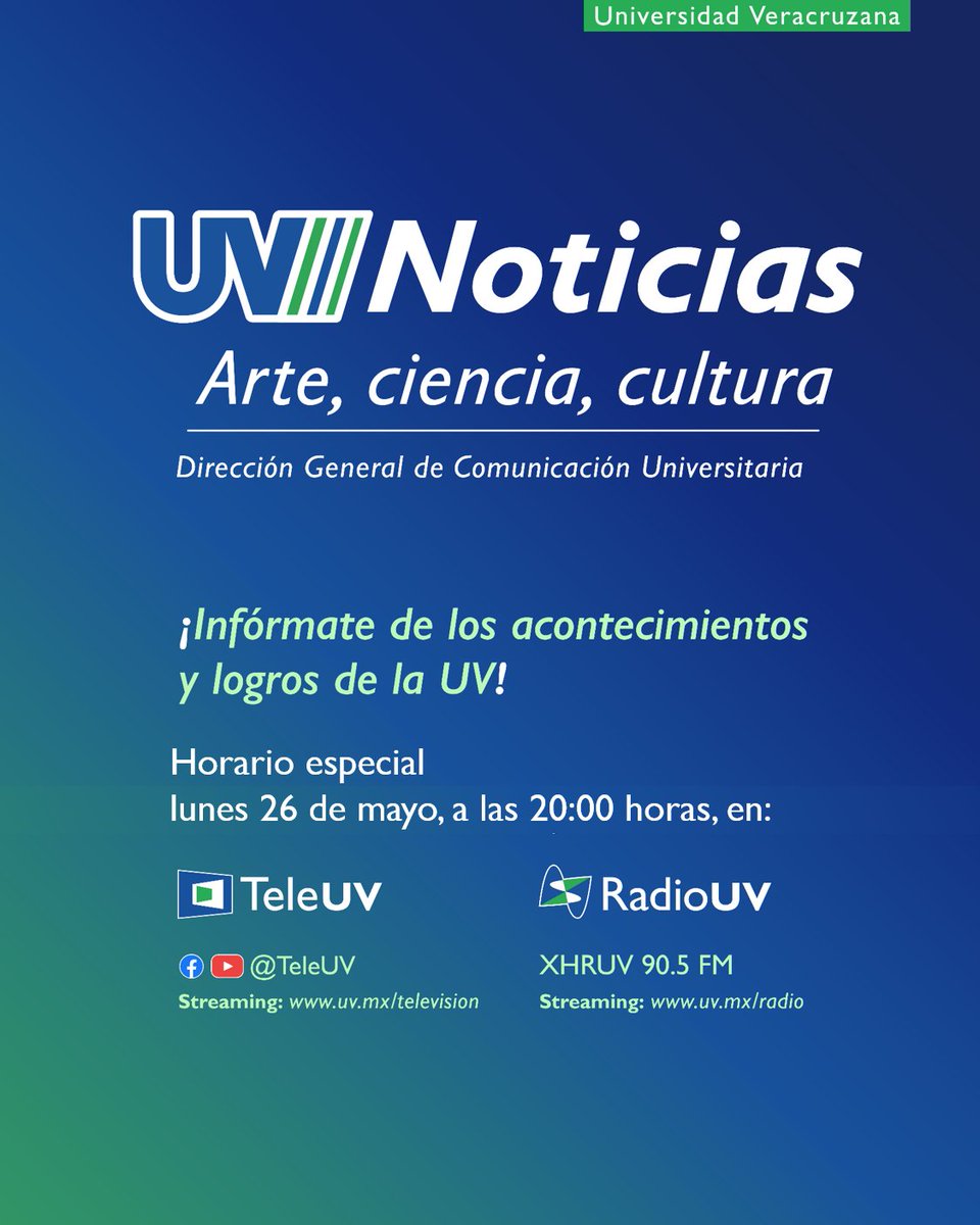 ¡Hoy, lunes 26 de mayo, #UV_Noticias tiene horario especial! 📰🗞️

Sintoniza en punto de las 20:00 horas la señal de <a href="/RadioUV/">Radio UV</a> y <a href="/TeleUV/">TeleUV 📺</a> mantente informado del quehacer universitario.