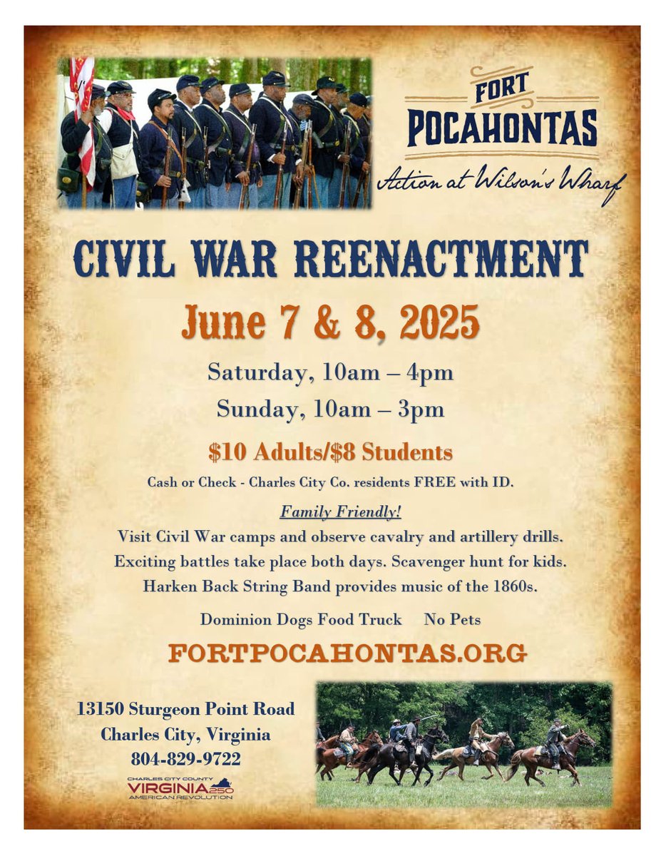😎Come to the Fort!! Bring the Family!
❗️Action at Wilson’s Wharf - Civil War Reenactment ❗️
Sat, June 7 | 10 am - 4 pm
Sun,  June 8 | 10 am - 3 pm
Fort Pocahontas
👉Daily battles
👉Artillery, Torpedo, Medical Triage demos
Tickets are sold at the event:
williamsburgfamilies.com/fort-pocahonta…