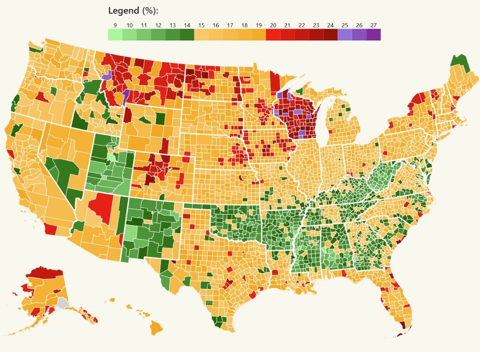 U.S. counties with the highest and lowest rates of excessive drinking