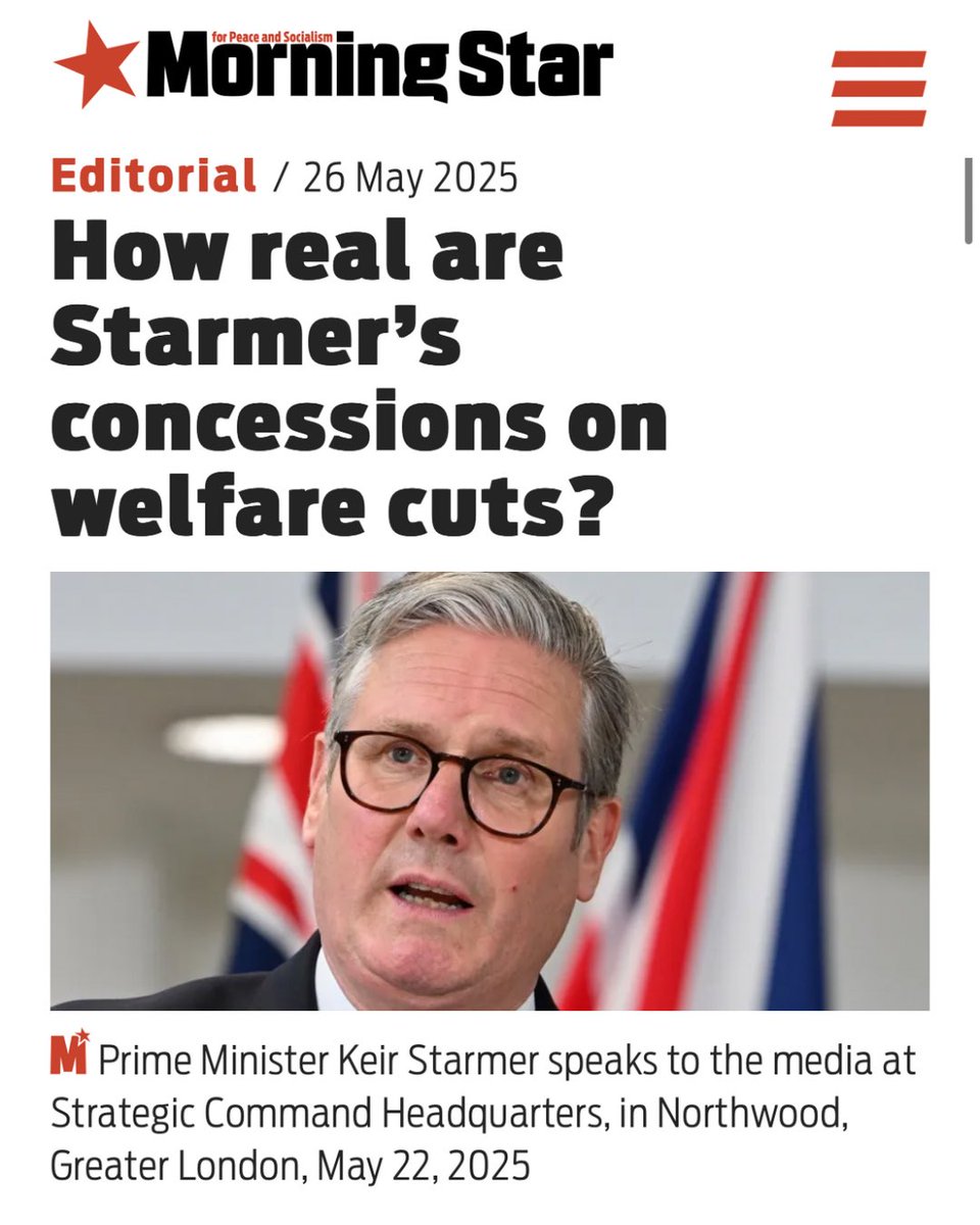 Communist Party ☭ (@cpbritain) on Twitter photo How real are Starmer’s concessions on welfare cuts?
“Blind loyalty to Labour on the grounds that they are “better than the Tories” allows an uninterrupted ruling-class offensive to continue whatever the government …”
Editorial in the <a href="/M_Star_Online/">Morning Star</a> 🔗 morningstaronline.co.uk/article/how-re… How real are Starmer’s concessions on welfare cuts?
“Blind loyalty to Labour on the grounds that they are “better than the Tories” allows an uninterrupted ruling-class offensive to continue whatever the government …”
Editorial in the <a href="/M_Star_Online/">Morning Star</a> 🔗 morningstaronline.co.uk/article/how-re…
