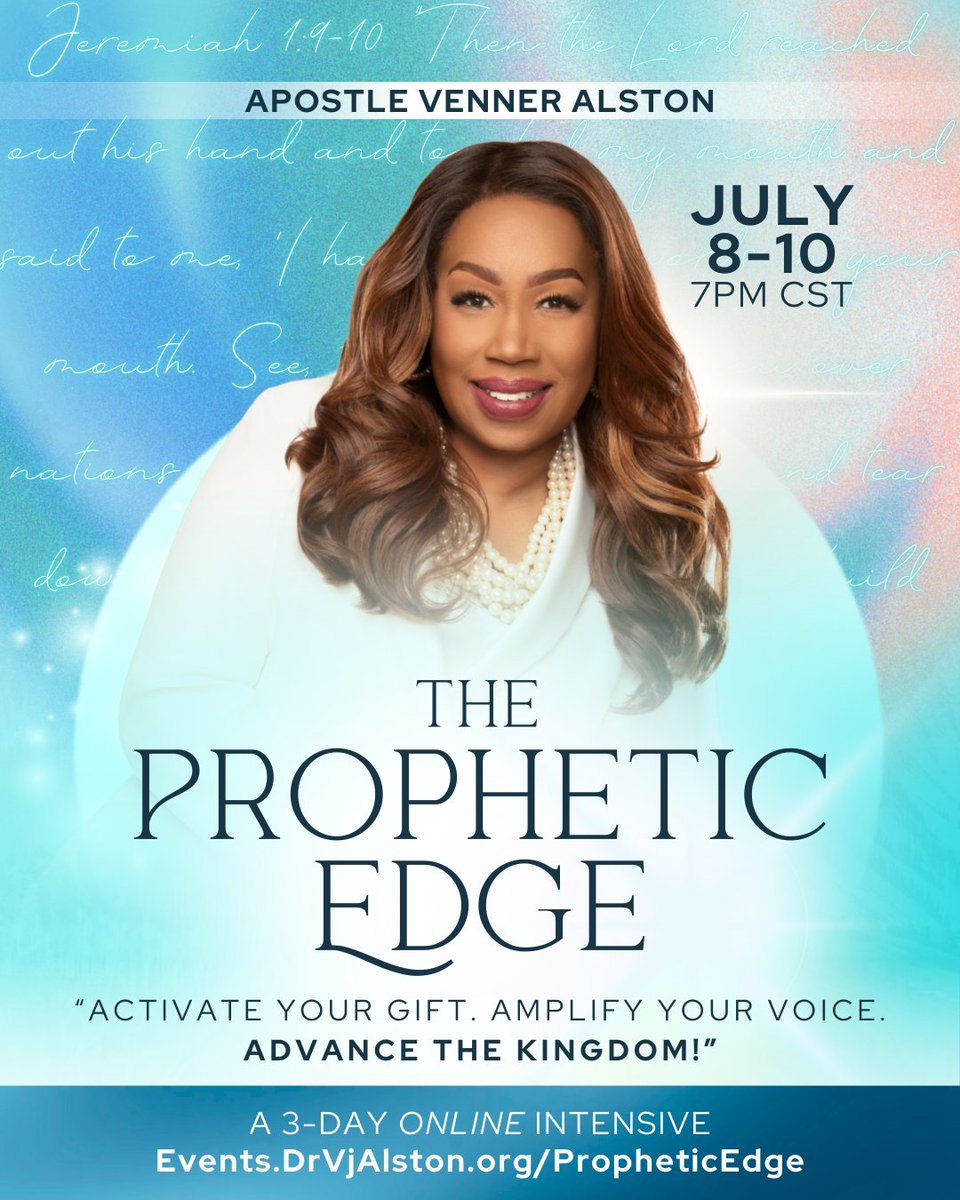 iamdrvjalston's tweet image. Join us for The Prophetic Edge — a powerful 3-day virtual intensive designed to activate, equip, and align prophetic voices for this hour.

🗓 July 8–10, 2025
💻 Online 

📲 Register now → events.drvjalston.org/propheticedge

#ThePropheticEdge #PropheticTraining #DrVennerAlston