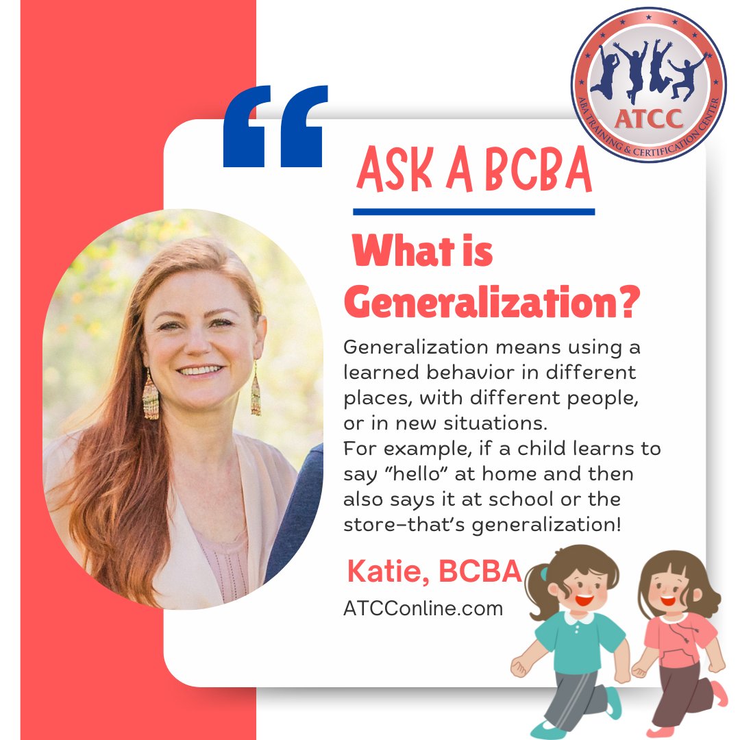🌟 ASK A BCBA: What is Generalization? 🌟

Generalization means using a learned behavior in different places, with different people, or in new situations. For example, if a child learns to say “hello” at home and then also says it at school or the store—that’s generalization! 🙌