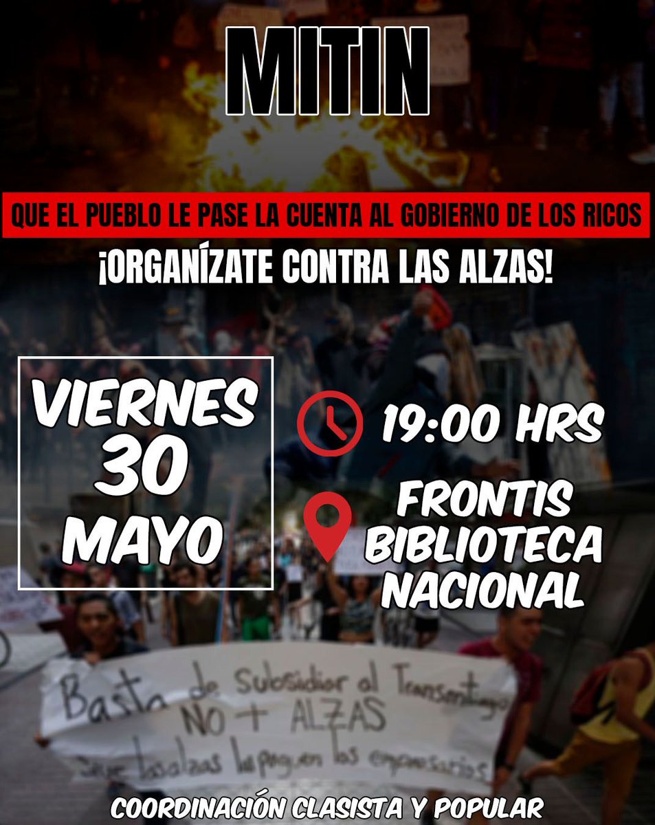QUE EL PUEBLO LE PASE LA CUENTA AL GOBIERNO DE LOS RICOS
Ante los efectos de la crisis económica que precariza a diario la vida de la clase trabajadora en sus distintos aspectos: alzas de bienes y servicios básicos, sueldos migajeros, pensiones miserables, salud y educación de