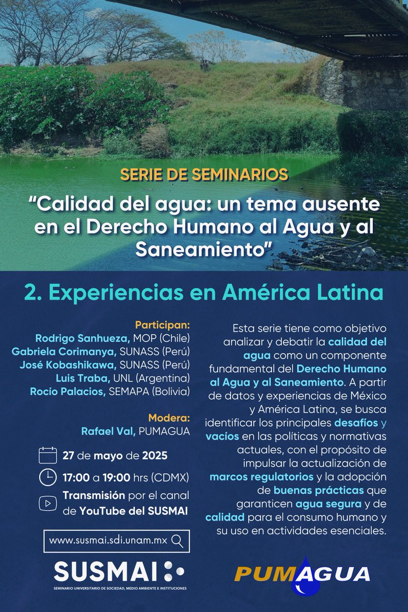 Acompáñanos mañana en la segunda sesión de nuestra serie de seminarios con <a href="/PUMAGUA/">PUMAGUA</a> , donde reuniremos a especialistas de distintos países de América Latina para reflexionar sobre los principales retos normativos en torno al agua para consumo humano. 💧

👉youtube.com/live/4DT1zVvU_…