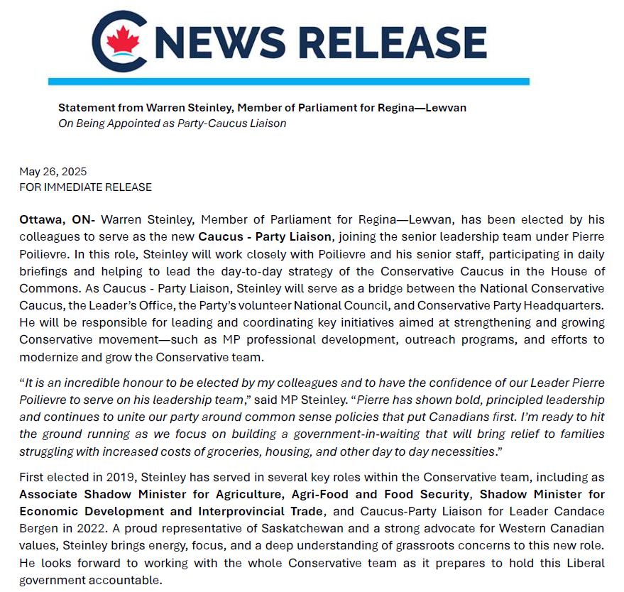 Warren Steinley (@warrensteinley) on Twitter photo FOR IMMEDIATE RELEASE
Warren Steinley, Member of Parliament for Regina—Lewvan, has been elected by his colleagues to serve as the new Caucus - Party Liaison, joining the senior leadership team under <a href="/PierrePoilievre/">Pierre Poilievre</a>
#AlwaysOnSaskatchewansSide <a href="/CPC_HQ/">Conservative Party</a> FOR IMMEDIATE RELEASE
Warren Steinley, Member of Parliament for Regina—Lewvan, has been elected by his colleagues to serve as the new Caucus - Party Liaison, joining the senior leadership team under <a href="/PierrePoilievre/">Pierre Poilievre</a>
#AlwaysOnSaskatchewansSide <a href="/CPC_HQ/">Conservative Party</a>