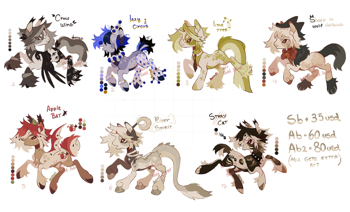 Super Pony Adoptables Batch ✨️🐎

Auction ends in 48h (maybe less) or if AB

✧SB; 💲35usd 
✧AB; 💲60usd
✧AB2; 💲80usd + comes with an extra sketch art of your pony 

✧ Please be careful with scammers while offering
.
.
.