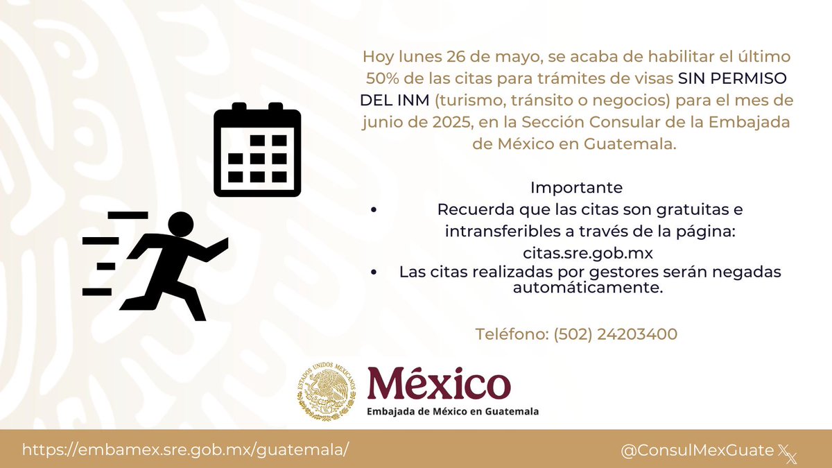 ConsulMexGuate (@consulmexguate) on Twitter photo 🔊¡Atención! ¡Atención! 🛑Se acaba de habilitar el último 50% de las citas para visas SIN PERMISO DEL INM para el mes de junio 2025. ⚠️isita la página para informarte acerca de los requisitos.
👉bit.ly/3ADfWRi
Te esperamos en 🇲🇽🛂✈️🚗🧳
<a href="/EmbaMexGua/">Embamex Guatemala</a>
🧳 🔊¡Atención! ¡Atención! 🛑Se acaba de habilitar el último 50% de las citas para visas SIN PERMISO DEL INM para el mes de junio 2025. ⚠️isita la página para informarte acerca de los requisitos.
👉bit.ly/3ADfWRi
Te esperamos en 🇲🇽🛂✈️🚗🧳
<a href="/EmbaMexGua/">Embamex Guatemala</a>
🧳