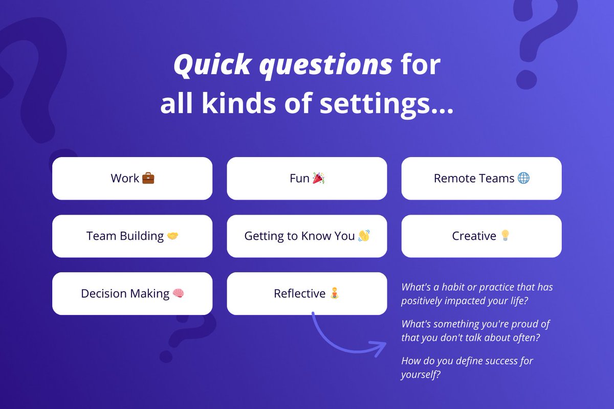 The problem with most #icebreakers? 🤔

They're either painfully generic or too personal. And finding good ones takes precious time before every meeting.

Our #AI tool solves this by creating tailored questions based on your team's specific needs: bit.ly/44Q0ocw