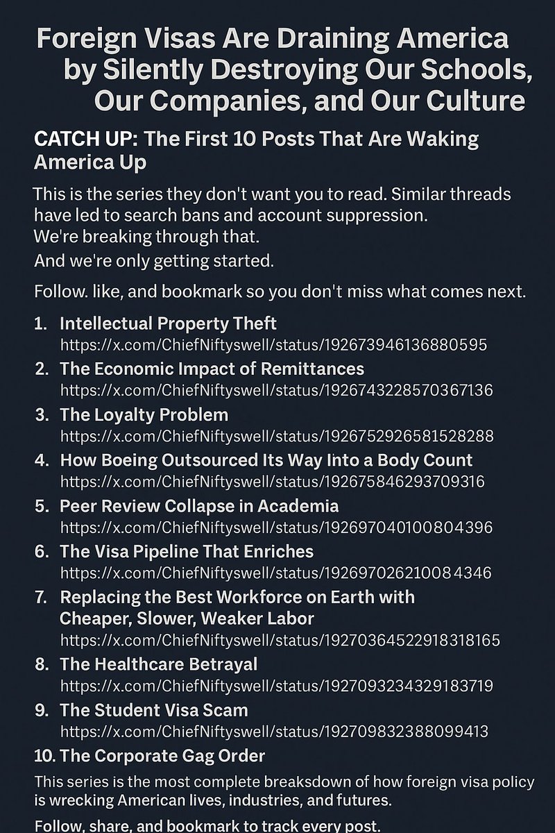 Foreign Visas Are Draining America by Silently Destroying Our Schools, Our Companies, and Our Culture
Catch Up: The First 10 Posts That Are Waking America Up

This is the series they don’t want you to read.

  When too many do- my account gets shadow banned, search banned, and