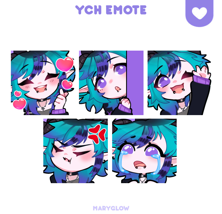 maryglow_'s tweet photo. YCH emotes for a cmms via vgen 💜 Ych emotes for only $6. Thank you to everyone who is on my waiting list on vgen! 
I'll happily open commissions again tomorrow or Wednesday 🥰 https://t.co/crFRZJF895