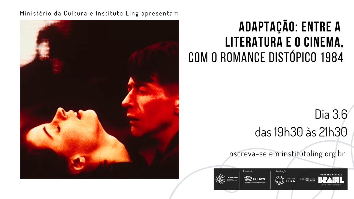 O encontro Adaptação: entre a literatura e o cinema, com o jornalista Roger Lerina e o escritor Pedro Gonzaga, vai analisar como livro e filme contam a mesma história.

É apaixonado por “1984”? Então não perde esse encontro: será no dia 3 de junho.

🎟️: bit.ly/Adaptação1984-…