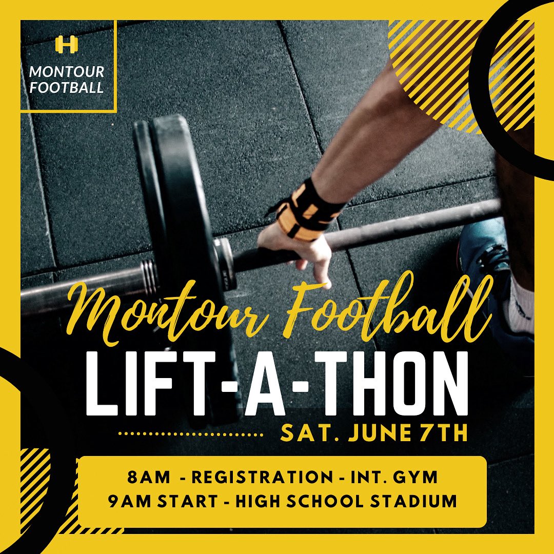 Time to get PUMPED 💪 for our next event: LIFT-A-THON! 🏋️

SATURDAY, JUNE 7TH - Player Registration starts @ 8AM, Event starts at 9AM!

Friends and Family - come cheer on our 7th-12th grade football players at our Lift-A-Thon/Combine event!

🏈🖤💛🏈