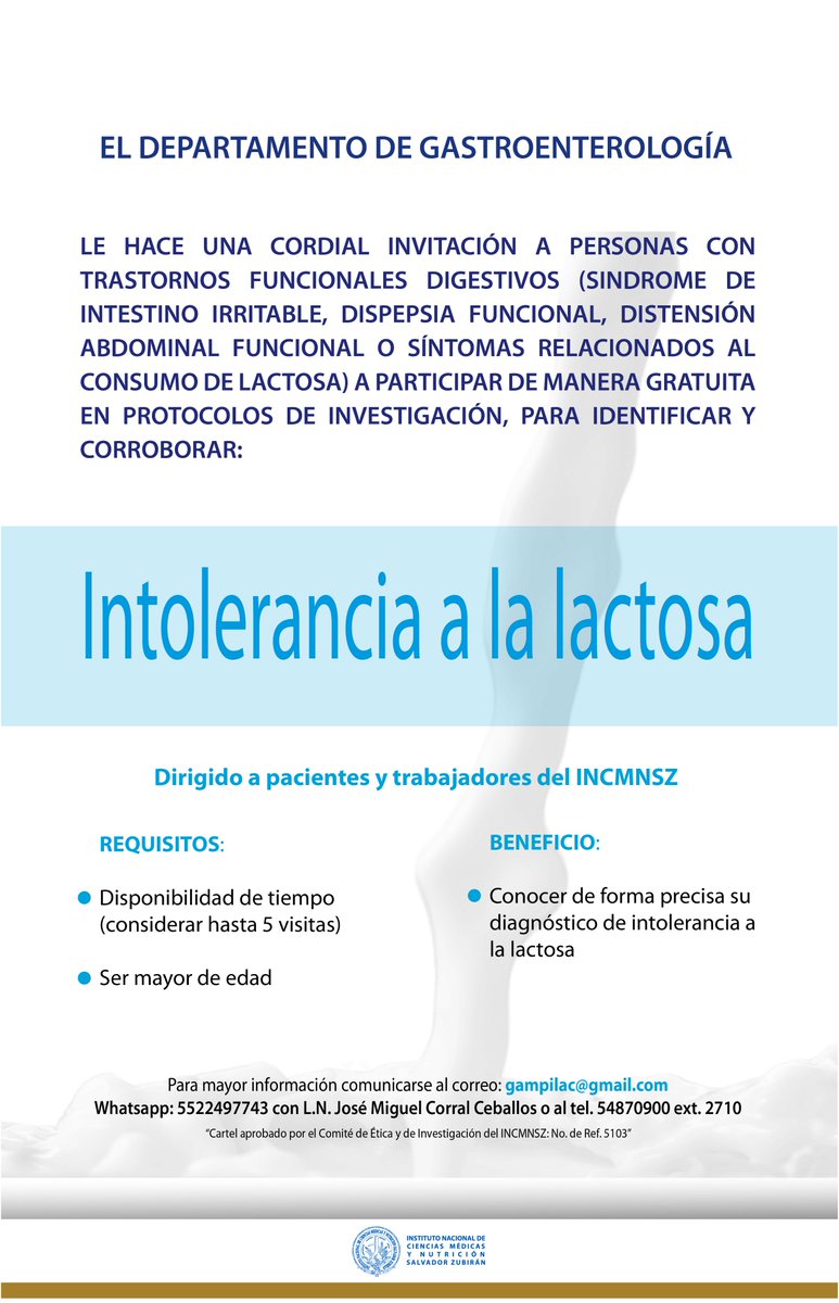 INCMNSZ (@incmnszmx) on Twitter photo Te invitamos a participar en un protocolo de investigación del departamento de gastroenterología, para mayor información comunicarse al correo: gampilac@gmail.com o al 5554870900 ext. 2710
Protocolo y cartel aprobado por el Comité de Ética y de Investigación. Te invitamos a participar en un protocolo de investigación del departamento de gastroenterología, para mayor información comunicarse al correo: gampilac@gmail.com o al 5554870900 ext. 2710
Protocolo y cartel aprobado por el Comité de Ética y de Investigación.