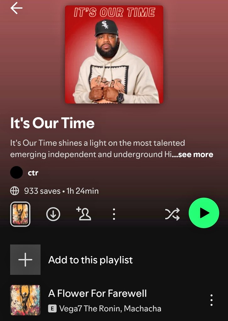🚨 Submissions are open for my next playlist update

It's Our Time shines a light on the most talented emerging independent and underground Hip Hop artists. Spotify links only

Submit your track below and/ or tag an artist who should 👇🏼
