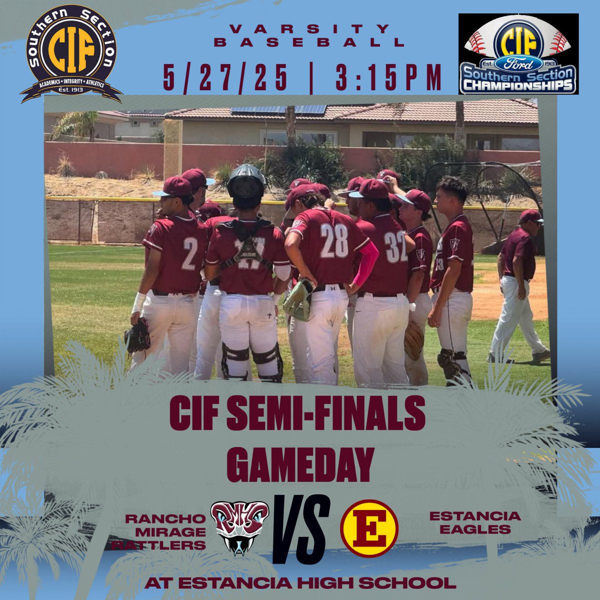 Our Rattlers will be on the road Tuesday to take on Estancia High School in Costa Mesa for their CIF Semi-Finals match up. First pitch is at 3:15PM. GO RATTLERS!!