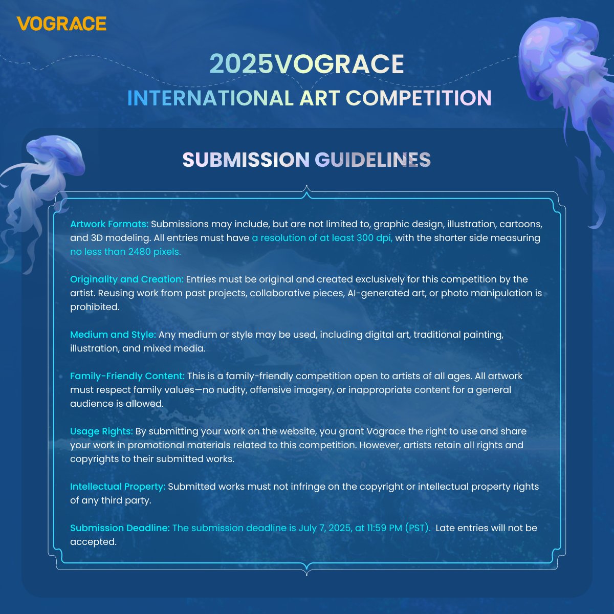 🚨 CALLING ARTISTS! 🎨
Vograce 2025 International Art Contest is LIVE!
▸ Theme: #DreamingInBlue (Ocean-themed magic! 🌊)
▸  Double Prizes 💰
▸ Judged by pros from Disney &amp; Worldwide Artists🏅
📅 Start: June 3rd
🔗 Rules &amp; Submit:
vograce.com/pages/creative…
RT to spread the wave!