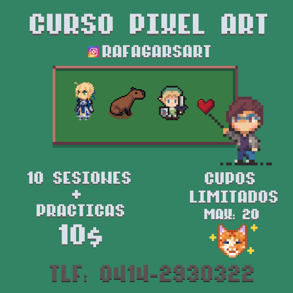 Acá el curso que les había comentado. 

Seran 2 clases a la semana mas practicas. Me encargare de enseñarles las bases del pixel art, su historia y como usar las principales herramientas. Son solo 20 cupos así que si están interesados, contáctenme por WA.

Comenzaríamos el 09/06