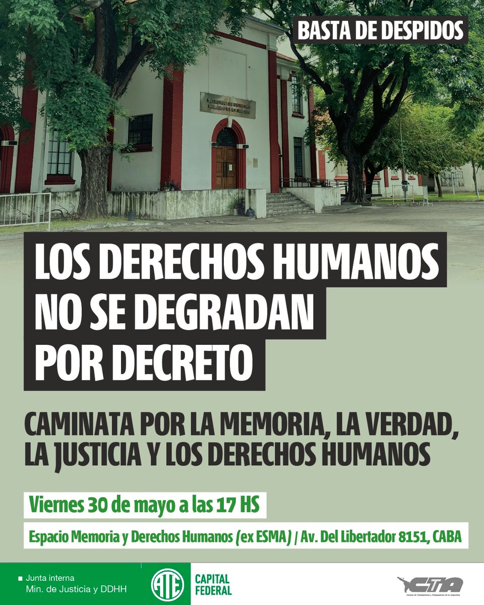 📣 *LOS DERECHOS HUMANOS NO SE DEGRADAN POR DECRETO* 

Ante los avances del gobierno contra la Secretaría de Derechos Humanos, nos convocamos este viernes 30 de mayo a las 17 horas para defender las políticas de Memoria, Verdad, Justicia y Derechos Humanos en la ex ESMA