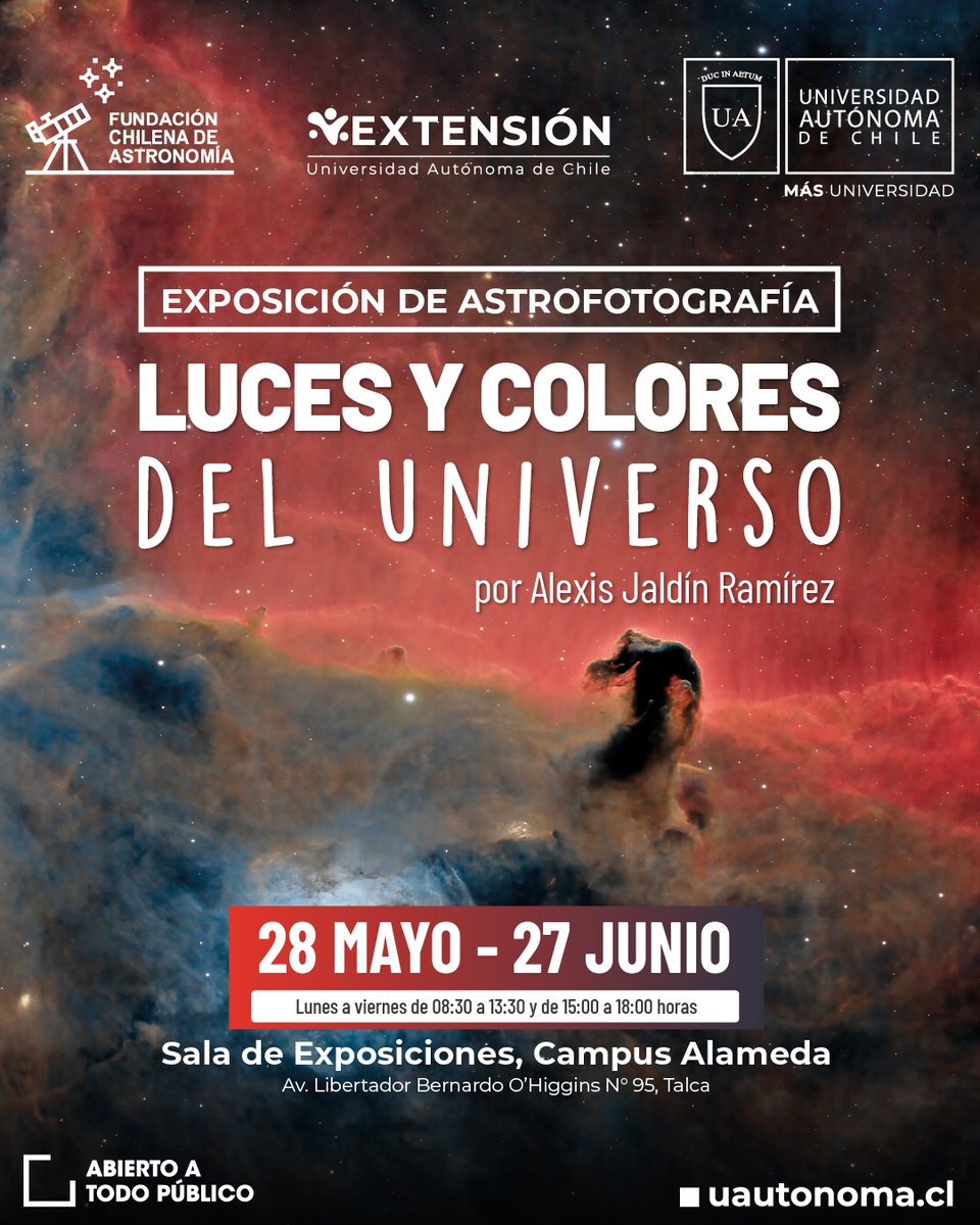 Fundación Chilena de Astronomía (@fuchas_) on Twitter photo ¡Atención Talca! Nuestra exposición de astrofotografía "Luces y Colores del Universo" con fotografías del astrofotógrafo <a href="/Alexis_jaldin/">Alexis_Jaldin</a> está itinerando y a partir del miércoles 28 de mayo 2025 puede ser visitada en el Campus Alameda de la Universidad Autónoma de Chile, en Talca. ¡Atención Talca! Nuestra exposición de astrofotografía "Luces y Colores del Universo" con fotografías del astrofotógrafo <a href="/Alexis_jaldin/">Alexis_Jaldin</a> está itinerando y a partir del miércoles 28 de mayo 2025 puede ser visitada en el Campus Alameda de la Universidad Autónoma de Chile, en Talca.