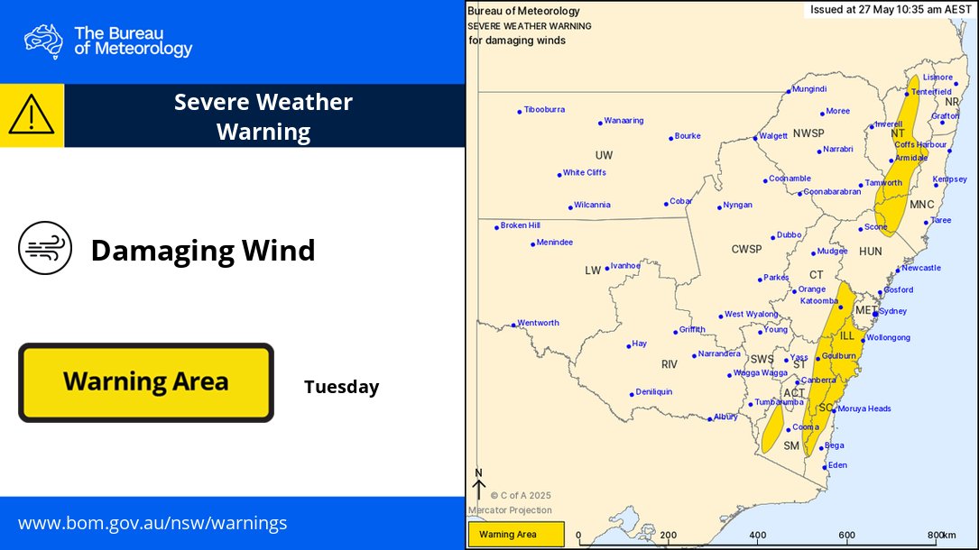 BOM_NSW's tweet photo. ⚠️Issued 10:35am
 A strong westerly flow has developed over eastern NSW today behind a cold front that swept across the state overnight.
Warnings: https://t.co/wc7Z6726vK
Next update 5pm AEST Tuesday
#Wollongong #Nowra #Bowral #Goulburn #Katoomba #Tenterfield https://t.co/3QwXB4nDj6