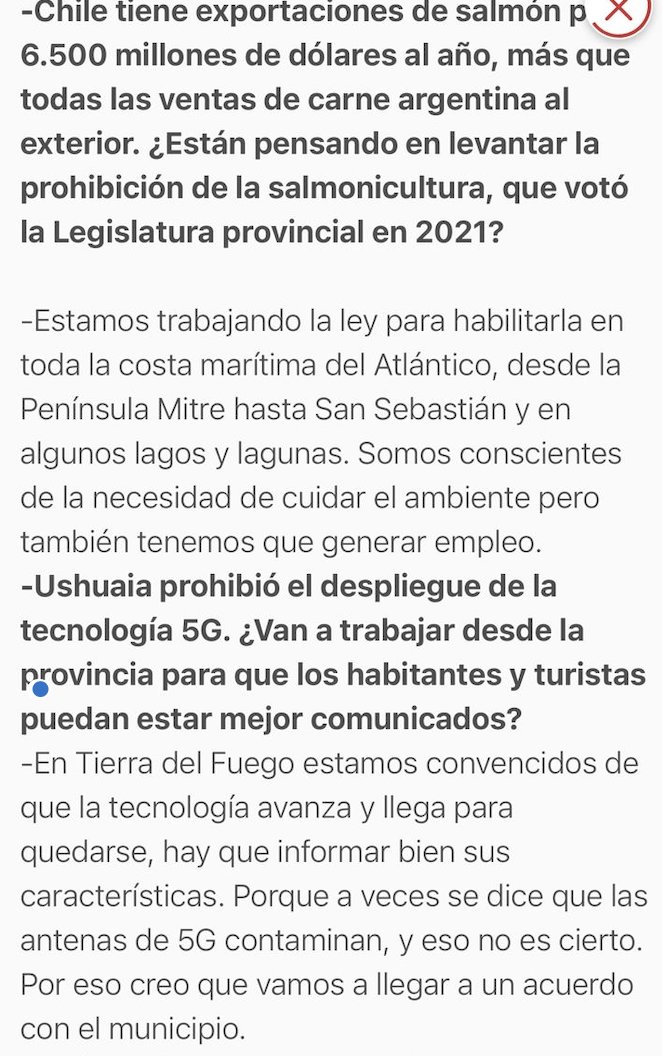 El Gobernador Melella en una publinota de <a href="/clarincom/">Clarín</a> dice estar en contra de la prohibición del 5G y que va a hablar con el Municipio (?).

Mirá vos, la prohibición la levantamos gracias a que <a href="/belenmontedeOK/">Belén Monte de Oca</a> presentó el proyecto para ello. Debería actualizar su información