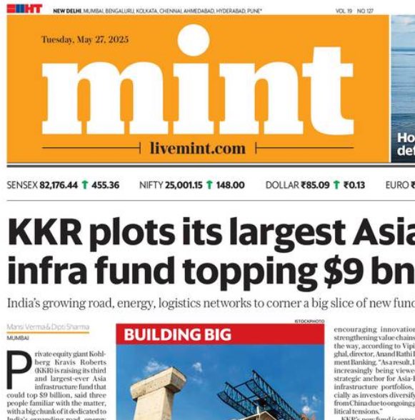 🚨🚨Big: KKR eyes its largest Asia infra fund topping $9 billion, India to corner a big slice

Break with <a href="/DiptiS2705/">Dipti Sharma</a> 
<a href="/ranjanir_/">Ranjani Raghavan</a> <a href="/WritesRavi/">Ravi Krishnan</a> <a href="/satishjohn/">satishjohn</a> 

In today's Mint 🔻