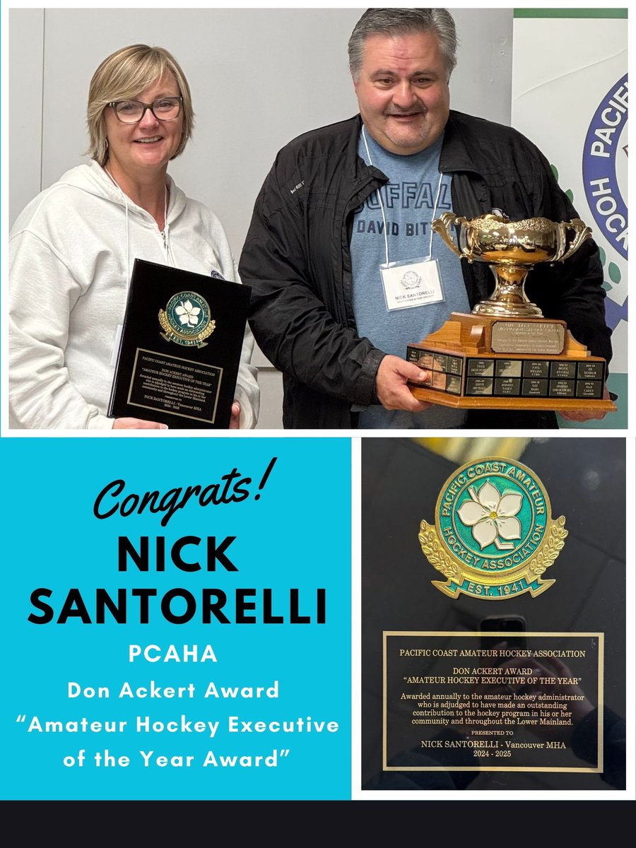 Congrats to our VMHA President, Nick Santorelli, for receiving this year's PCAHA Don Ackert Award for "Amateur Hockey Executive of the Year." Nick has devoted the last 40 years to enhancing &amp; advancing minor hockey, driven by a commitment to creating a resilient VMHA community!